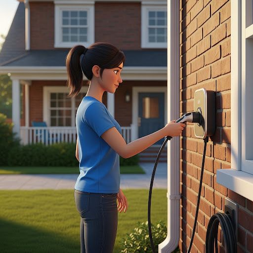 EV driver plugging into a home charger installed on a brick wall, with cable neatly stored